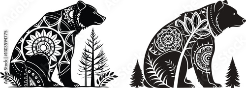 Silhouette vector of a bear standing calmly on a mountain cliff, facing a rising sun, minimal landscape in background