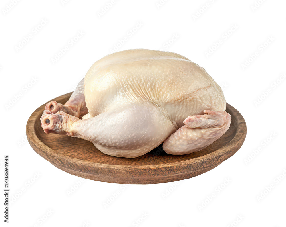 Raw Whole Chicken On Wooden Plate Isolated On White Background For Cooking Raw Whole Chicken On Wooden Plate Isolated On White Background For Cooking