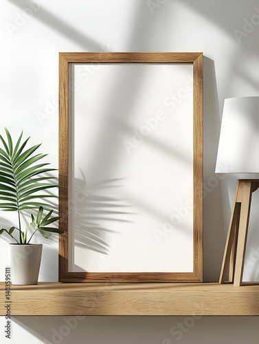 Minimalist Interior Scene with Blank Frame Dried Flowers and Books on Wooden Shelf in Warm Neutral Colors