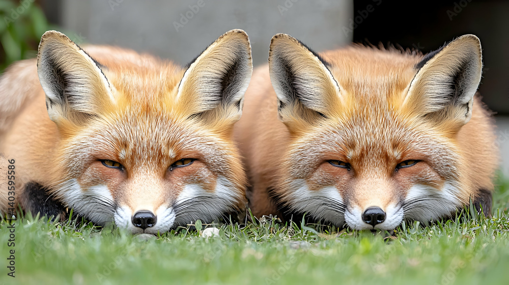 Fototapeta premium Two Resting Foxes in a Green Grassy Field with Red Orange Fur Close Up Portrait