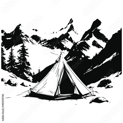 tent in the mountains sketch illustration