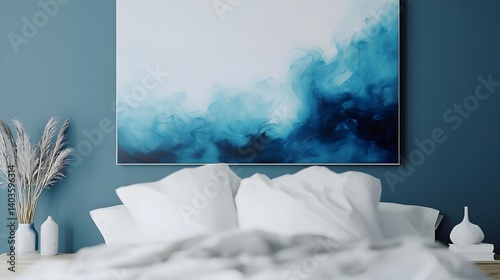 Serene Abstract Painting in a Stylish Blue Bedroom Setting