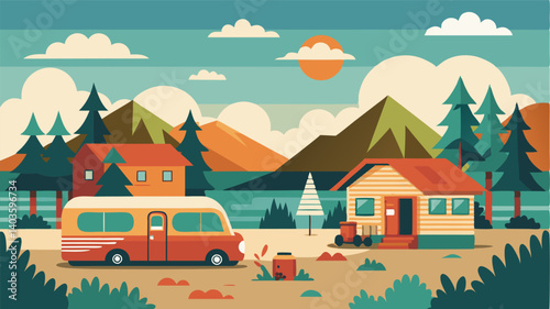 Rustic cabins and cozy camper vans dot the landscape creating a charming and laidback atmosphere at this seaside retreat.
