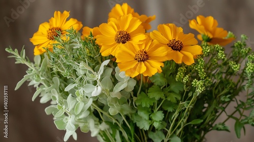 Rustic Coreopsis herbal floral design combining the golden yellow petals with soft green herbs in a wildflower inspired bouquet
