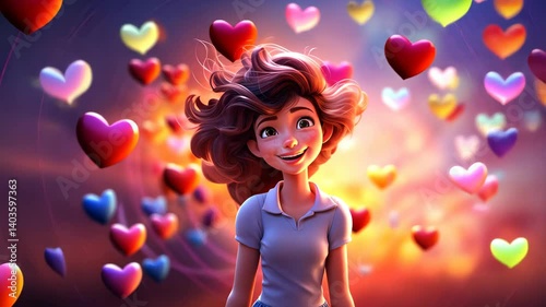 Cute cartoon girl feels being in love. Adoration, amorousness, affection, crush, happiness concept Trendy wallpaper.