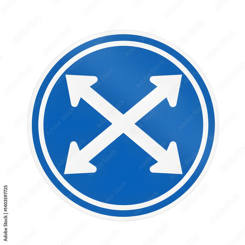 Fototapeta premium Blue circle sign with four white arrows pointing outwards