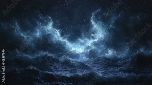 Nightfall Stormy Seascape: A Digital Painting of Dramatic Oceanic Scene Under Starlit Sky