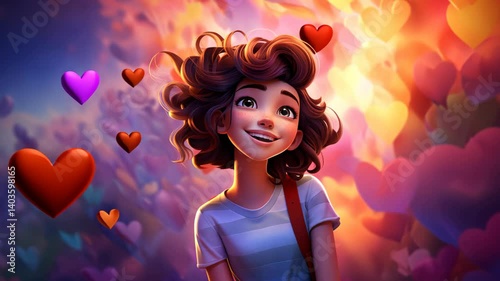Smiling young woman surrounded by floating colorful hearts. Fantasy digital illustration of happiness, love, and positive emotions. Valentine's Day and romance Modern concept.