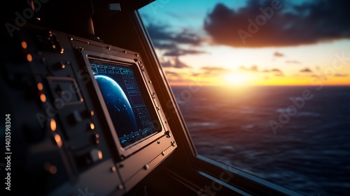 Global Navigation Sunset Ocean Ship Bridge.