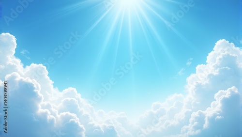 Radiant sunbeams through clear blue sky