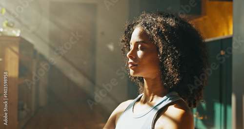 Konstfotografi Calm woman, relax and sunlight with meditation at home for zen, awareness or mindfulness