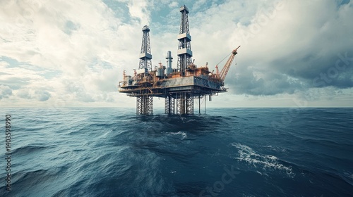 Offshore Oil Rig Platform in the Deep Blue Sea Under a Cloudy Horizon photo