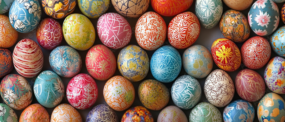 Close-up of beautifully decorated Easter eggs in various colors.