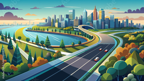 Aerial view of a sleek highway with fresh asphalt, bordered by a lake garden, with a city skyline shimmering in the distance