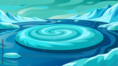 The still surface of the glacial lake marbled with swirling patterns of icy blue and green.