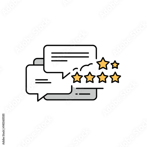 Positive Feedback Icon:  Illustrative icon depicting positive customer feedback, showcasing speech bubbles and shining stars symbolizing high ratings and excellent reviews.