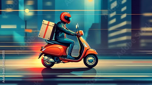 Fast Delivery. Courier riding a scooter at sunset in an urban environment. Concept illustration for delivery service, city transport, and fast-paced urban life.