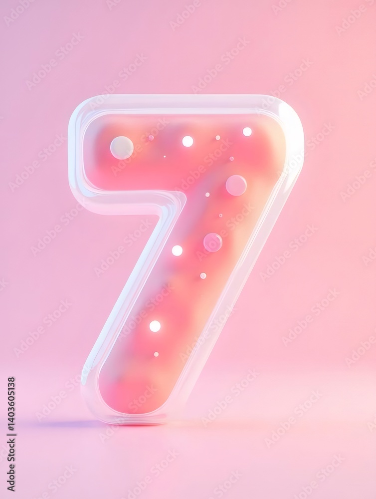 Pink Number 7 With Transparent Frame And Gradient Background Displaying Bubbles And Floating Sphere Elements Pink Number 7 With Transparent Frame And Gradient Background Displaying Bubbles And Floating Sphere Elements