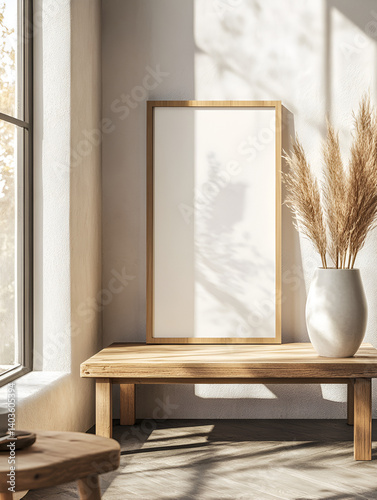Minimalist Interior Scene with Blank Frame Dried Flowers and Books on Wooden Shelf in Warm Neutral Colors