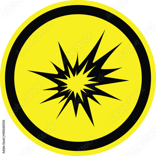 Explosive materials hazard sign. Warning Sign in trendy style. Substances and preparations which may explode. yellow circle warning sign with explosion icon inside. Danger zone. 
