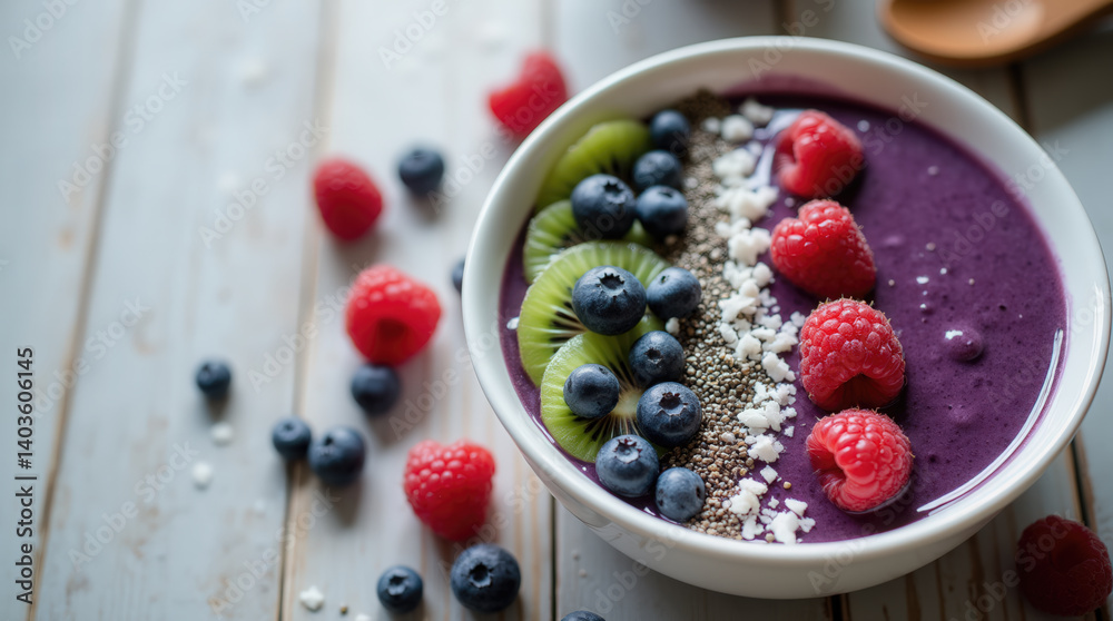 A colorful smoothie bowl is served in a white dish, featuring layers of blended fruit topped with blueberries, raspberries, and kiwi slices on a wooden surface A colorful smoothie bowl is served in a white dish, featuring layers of blended fruit topped with blueberries, raspberries, and kiwi slices on a wooden surface