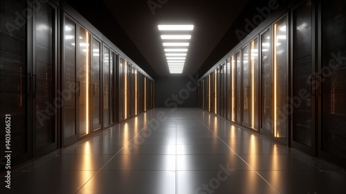Server Racks Lining Hallway with Reflected Light