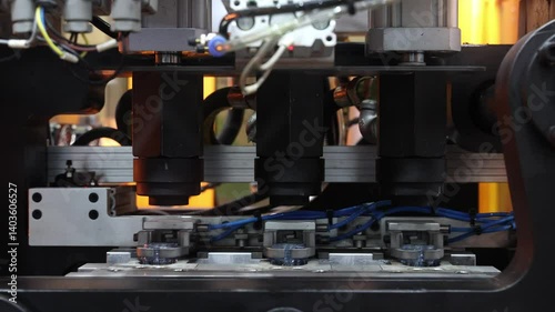 Close up of plastic PET bottle preform heating process in industrial manufacturing machine. Automated industrial PET bottle machine. Robotic system automation in high speed plastic bottle production.
