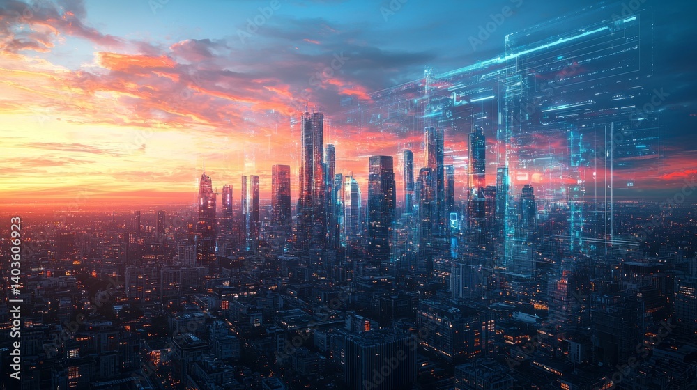 Fototapeta premium Futuristic Cityscape at Sunset with Digital Elements and Details