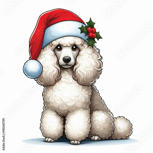 Christmas Poodle Dog wearing santa claus hat Cartoon Vector Illustration isolated