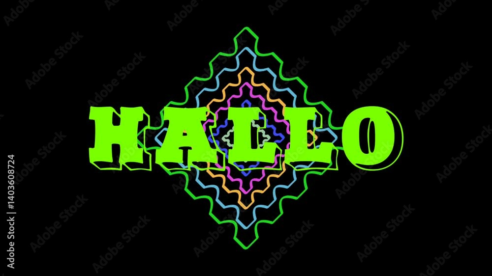 HALLO text pop up animation with White colored flashing stamp line animation background