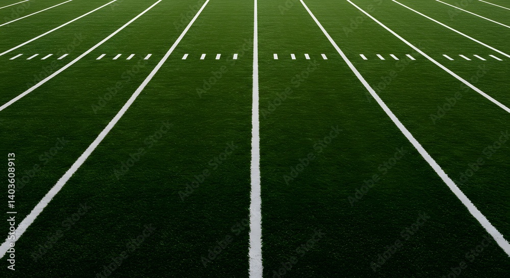 Minimalist composition of an empty football field, with sharp white lines on deep green grass
