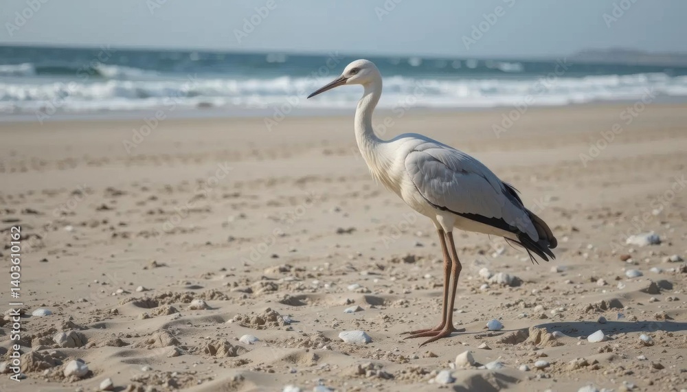 Fototapeta premium Coastal White Bird on Sandy Beach, Ocean Background