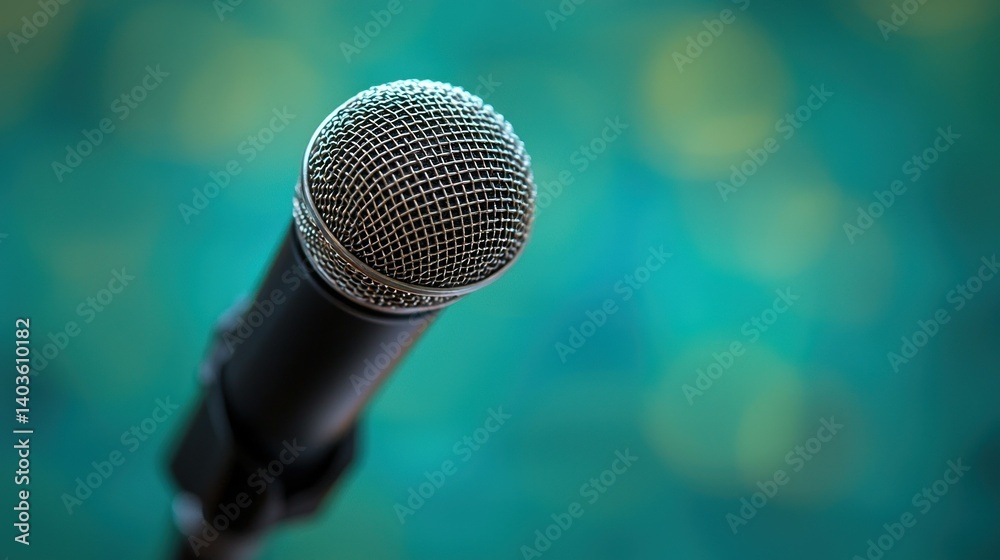 Obraz premium Close-up of a Microphone on a Teal Background