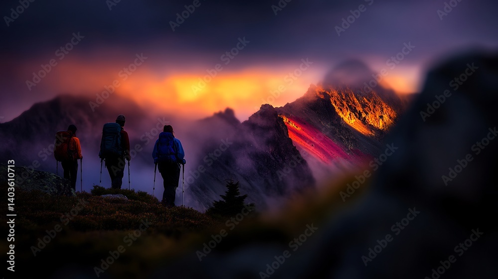 Fototapeta premium Hikers Sunset Mountain Peak Dramatic Landscape.