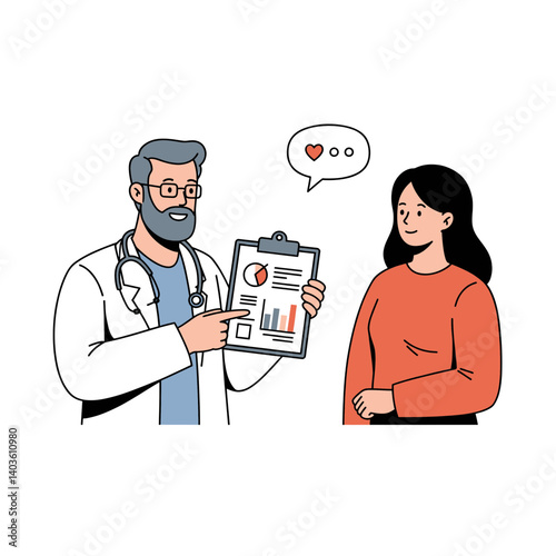 Doctor's Good News:  A kind doctor holds up a clipboard with positive charts and graphs, sharing good news with a smiling patient.