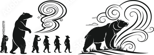 Silhouette of a bear with mandala patterns subtly integrated within, sitting calmly with soft forest elements — embodying harmony and power