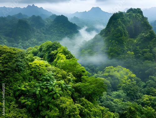Lush Green Mountains Surrounded by Misty Clouds Creating a Serene Natural Landscape in Tropical Climate