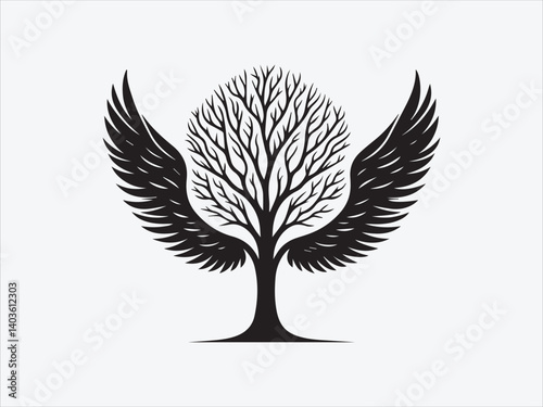 Tree with Angel Wings Silhouette for Spiritual Nature-Inspired Art and Symbolic Designs of Growth and Protection
