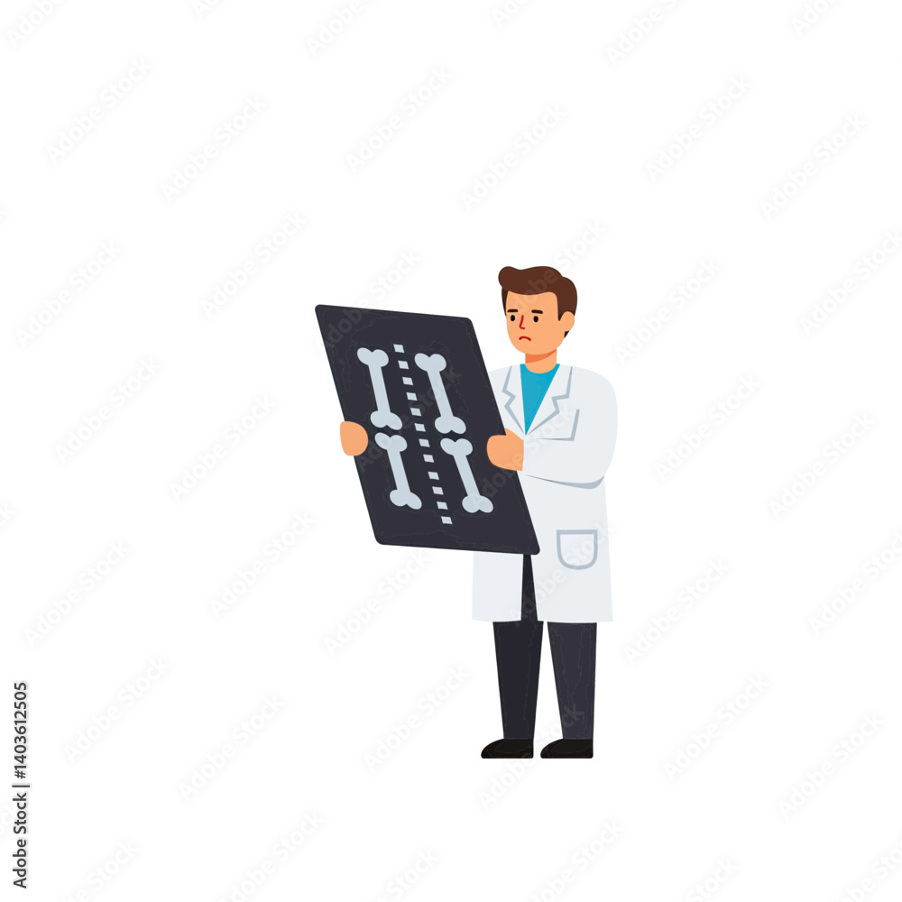 Medical Expert's Assessment: A focused physician, in a crisp white coat, meticulously examines an X-ray, his gaze revealing the intricate details of skeletal structures in a clinical setting. Medical Expert's Assessment: A focused physician, in a crisp white coat, meticulously examines an X-ray, his gaze revealing the intricate details of skeletal structures in a clinical setting.