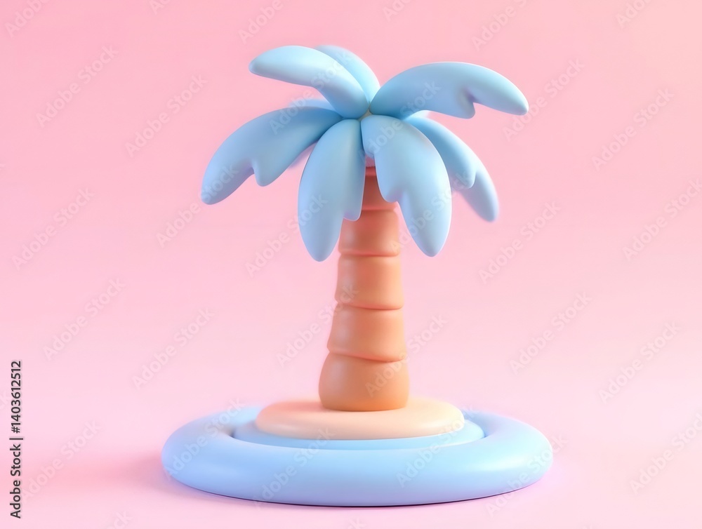 Stylized Palm Tree With Blue Leaves And Light Brown Trunk On Pink Background Stylized Palm Tree With Blue Leaves And Light Brown Trunk On Pink Background