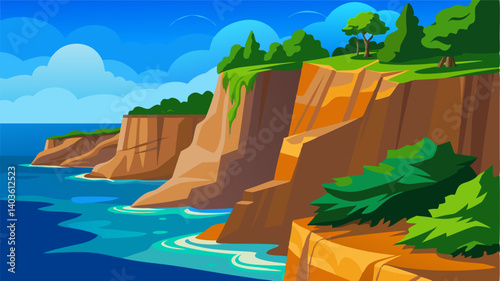 The rugged beauty of the sandstone cliffs is enhanced by the contrast of deep green foliage and rich blue waters below.