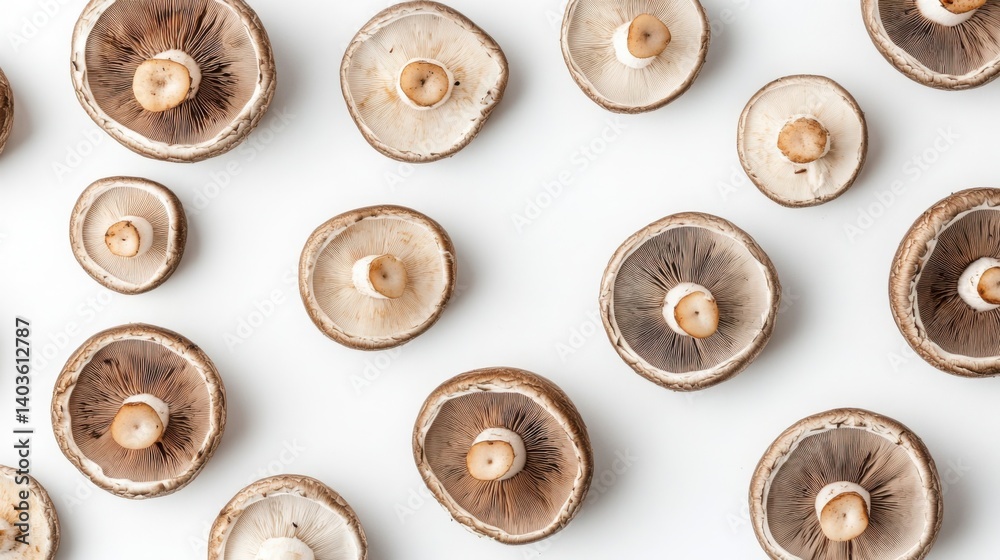 Clean composition of portobello mushrooms in top view on white background, no people Clean composition of portobello mushrooms in top view on white background, no people