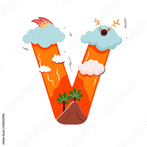 Letter V volcano cartoon with lava and clouds