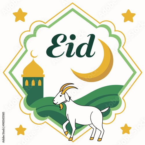 A gentle goat grazes peacefully under a crescent moon, celebrating Eid al-Adha amidst a picturesque green landscape and a golden mosque, in a cheerful, hand-drawn style.