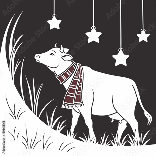 A gentle cow, wrapped in a warm scarf, gazes serenely at the night sky, adorned with hanging stars, in a minimalist black and white illustration.