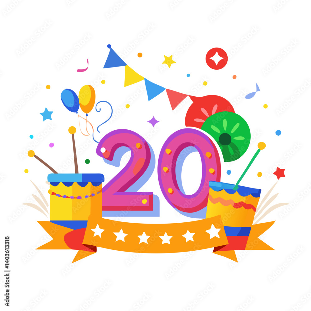 Number 20 with party decorations and confetti Number 20 with party decorations and confetti