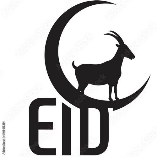 A majestic goat silhouetted against a crescent moon, celebrating the joyous Eid al-Adha, a symbol of faith and sacrifice in bold black and white.