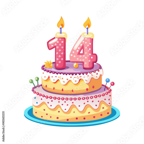 Number 14 birthday cake cartoon with strawberries and cream