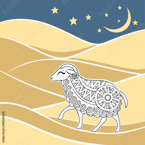 A peaceful lamb adorned with intricate patterns grazes under a crescent moon and starry night sky across gently rolling sand dunes.