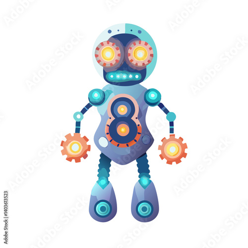 Number 8 cartoon robot with gears and glowing eyes